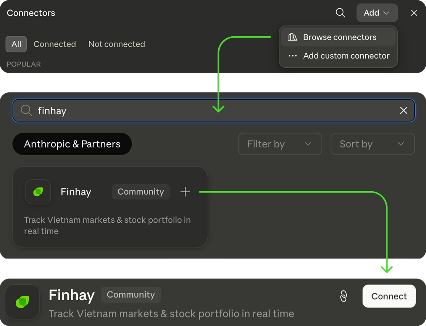 Browse connectors → tìm Finhay → Connect
