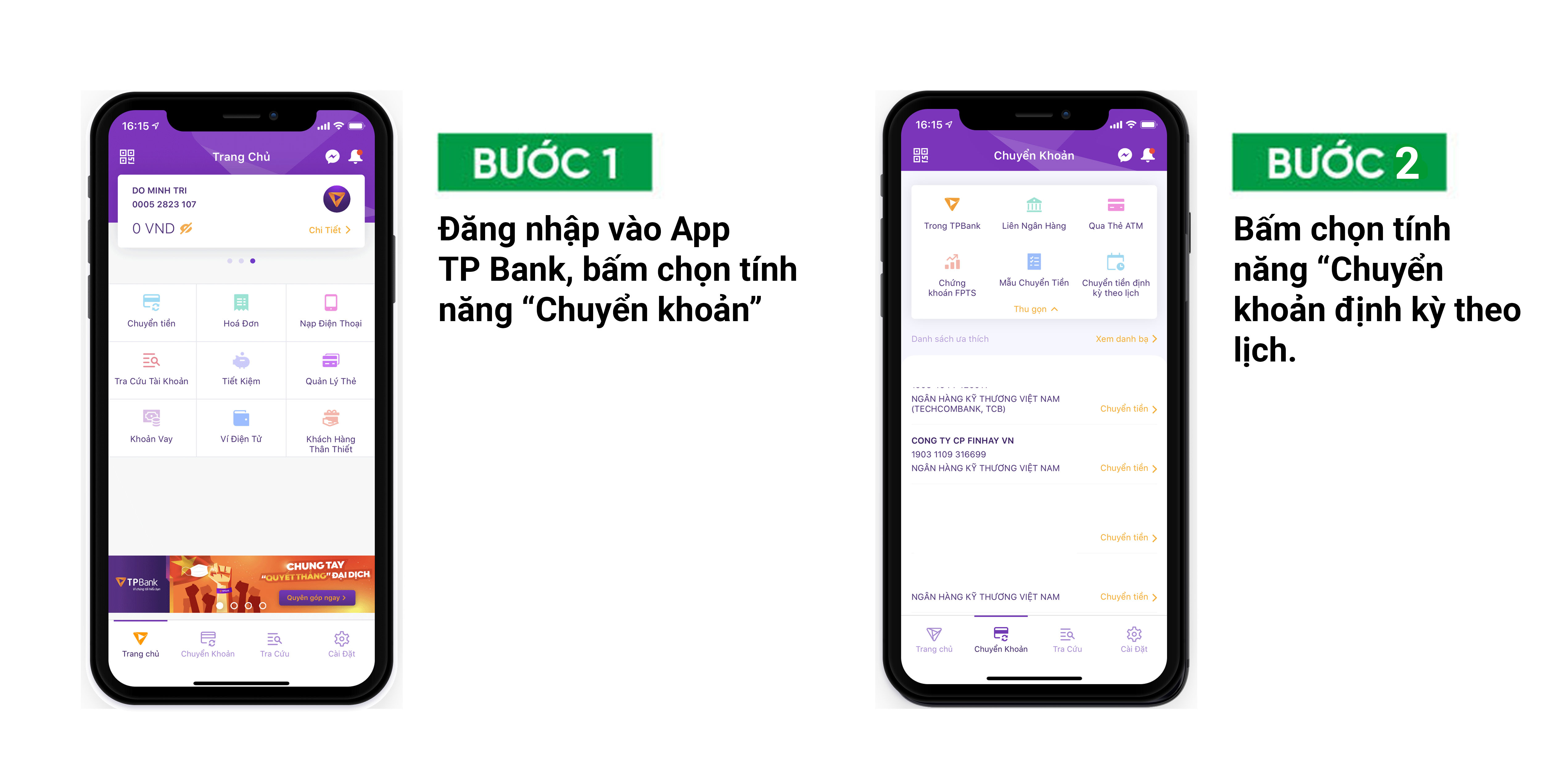 Hướng dẫn cài đặt Chuyển Tiền Định Kỳ tại ngân hàng  TP Bank